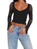 Dames T-shirts Dames Slim Fit Uitgaan Crop Tops Casual Patchwork Ronde hals Strak T-shirt met lange mouwen Basic Streetwear