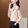2023 Moda Stand Yakası Kadın Gömlek Uzun Kollu Lüks Tasarımcı Bej Bluz Sonbahar Kış Pist Düğmesi Up Gömlek Ofis Bayanlar Çiçek Resmi Tops Artı Boyut