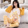 Ropa de casa Pijamas de algodón para mujer Salón para dormir Conjunto de pijama de manga larga para mujer Ropa de dormir de dibujos animados Ropa familiar Trajes de pantalón Primavera