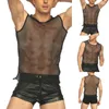 Herrtankstoppar män topp mesh fisknät sträng väst ärmlös se genom smala sportskjortor erotiska klubbkläder för sexig muskel manlig t -shirt