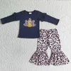 Kläder set grossist barn barn tacksägelse outfit broderi pumpa grön bomull tunika baby flicka ko tryck byxor spädbarn barn set