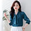 Vintage Şerit Yay İpek Bluz Kadın Tasarımcı Uzun Kollu Zarif Siyah Saten Bluzlar 2023 Ofis Lady Sonbahar Kış Basit Moda Katı Pist Üstleri Artı Boyut