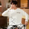 Men's Sleepwear Men's Leisure Winter Long Sleeve White Cotton Pajamas Set Warm Homewear Trendy Cartoon Muppet Bear Printed Mens 2 Pcs Sleepwear 231011