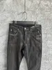 23SS Primavera High Street Hip Hop Lavado Vintage Cinza Escuro Elástico Slim Fit Jeans