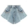 Jeans pour femmes, short en Denim bleu clair, jambes larges, volants, décor de strass d'été