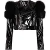 Женская кожаная укороченная куртка YOLOAgain из искусственной кожи с рукавами из натурального меха, женская блестящая серебристая женская куртка 231010