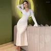 Casual Dresses Elegant White Flare Long Sleeve Maxi For Women Sexy V-Neck Lace-up Bodycon Party Dress Evening Club Outfits 2023