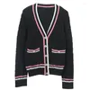 Women's Knits White Cardigan With Contrast Stripe Trim Women 2023 Pink Sweater Jacket V-neck Single-breasted Fashion Knitted