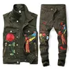 Estilo europeu masculino exército verde solto conjunto hip hop 2 peças bordado phoenix flor roupas masculinas buraco rasgado denim coletes pan252h