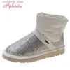 Buty afixta zimowe diamenty wodoodporne buty śniegowe kobiety ekstrawaganckie kryształy w dół pluszowe ciepłe płaskie buty futrzane buty Q231012