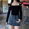 Women's T Shirts 2023 Women Halter U Collar Hollow Out Off Shoulder Full Sleeve T-shirt Low Back Backless Slim Tee Cropped Tops Black 5