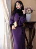 Robes de travail Haute Qualité Vintage Mode Deux Pièces Ensemble Femmes Automne Violet Costume À Manches Longues Manteau Fendu Jupe Sexy Tenue Femme Élégante