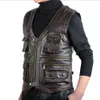 Gilet in vera pelle di vacchetta da uomo Gilet marrone Giacca senza maniche maschile Spessa di alta qualità Moto Multi tasca con cerniera 2109231964