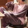 Home Abbigliamento Caldo Pigiami da donna Set Stampa di cartoni animati Flanella Donna Sottile Velluto corallo Manica lunga Indumenti da notte Autunno Inverno Set 2 pezzi Top