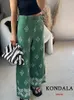 Women's Pants KONDALA Vintage Embroidery Green Wide Leg Women Fashion 2023 Summer High Waist Pockets Button Calf-Length Trousers