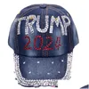 Chapeaux de fête Trump 2024 Diamants Denim Chapeau de soleil Casual Diamant Casquette de baseball Athleisure Coton réglable Maison Jardin Fête Fête Suppli Dha4F