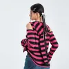 Women's Hoodies Y2K Stripe Print Hoodie Pullover Sweatshirts Cold Shoulder Long Sleeve Zipper Up Sweatshirt Slim Coat With Ear