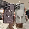 Capas de telefone de carregamento magnético sem fio com brilho galvanizado para iPhone 15 14 13 12 11 Pro Max Plus Bling Lente de câmera Soft TPU Capa traseira