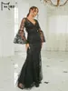 Casual Dresses Missord 2023 Black Lace Formal Evening Women Elegant V Neck Flare Sleeve Bodycon Mesh Wedding Party Prom Dress Long Gown