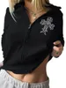 Sweats à capuche pour femmes Femmes Y2K Sweat-shirts courts Mode Casual Noir Manches longues Zippé Col à revers Manteau Vintage Teen Girl Automne Veste