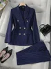 女性のスーツブレザーファッションS-8XLオフィスレディースフォーマルパンツスーツセット女性ブルーストライプ女性ビジネスワークウェア2ピースブレザージャケットとズボン231011