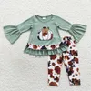 Ensembles de vêtements en gros enfants bambin Thanksgiving tenue broderie citrouille vert coton tunique bébé fille vache imprimé pantalon infantile enfants ensemble