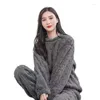 Damen-Nachtwäsche, warmes Fleece-Loungewear-Damen-Pyjama-Set, langärmelig, für den Winter, pelzige Kleidung