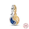 Summer Stylist Celestial Blue Sparkling Moon And Sun Ring Collection Clip Charm Fit For Original Women Bracelet Gold Plated