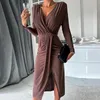 Casual Dresses Elegant Ladies Cocktail Party Dress Autumn Winter V Neck Long Sleeve Slim Waist Sexy Solid Color Pleated Split