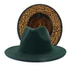 Outer Turquoise Inner Leopard Patchwork Wool Felt Jazz Fedora Hats Women Men Winter Green Panama Two Tone Party Formal Hat3213