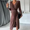 Casual Dresses Elegant Ladies Cocktail Party Dress Autumn Winter V Neck Long Sleeve Slim Waist Sexy Solid Color Pleated Split