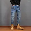 Jeans da uomo American Streetwear Moda Uomo Retro Blue Spliced Designer Slim Fit Biker Hip Hop Pantaloni cargo in denim con tasche grandi