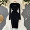 Casual Dresses Women Black Knitted Bodycon Dress Korean Fashion Chain V Neck Long Sleeve Slim Stretch Autumn Winter Warm Pullover Sweater