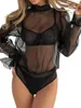 Mulheres camisetas Mulheres Sheer Malha Bodysuits Camisa Bandage Recorte Puff Manga Longa Macacões Curtos Clubwear Streetwear