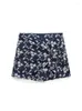 Damen Shorts Sommer Blumenstickerei Dunkelblau Damen Schleife Falten