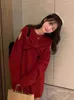 Casual Dresses Sticking for Women Autumn Winter Korean Style Fashion Vintage Bow O-Neck långärmad klänning Elegant Hollow-Out Mini