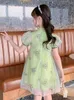 Vestidos da menina verão chiffon vestido 2023 princesa cheongsam estilo chinês gola alta manga puff bordado impressão bonito das crianças