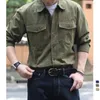 Chemises décontractées pour hommes Vintage Cargo Hommes Automne Américain Rétro Militaire À Manches Longues Chemise À Revers Pur Coton Lavé Mode Haut D'hiver