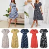 Casual Dresses Womens Boho Floral V Neck Midi Dress Ladies Holiday Beach Swing Sundress Short Sleeve Elegant