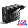 65W GAN USB-C-laddare 5 Port PD 25W USB Typ C Snabbladdning QC3.0 Power Adapter Wall Chargers US EU UK Plugs för iPhone 15 Plus Samsung Utral Pro Max Travel Home Smartphone