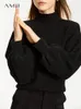 女性用セーターAMIIミニマリストウール女性2023冬のシンプルルーズトップモックネックランタンスリーブプルオーバーベースシャツ