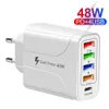 48W USB-C Charger 5 Port PD 18W USB Type C Fast Charging QC3.0 Power Adapter Wall Chargers US EU UK Plugs For Iphone 15 Plus Samsung S23 Utral Pro Max Travel Home Smart Phone