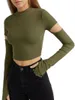 Kvinnors T-skjortor Kvinnor bekväma och avslappnade armégrön t-shirt långärmad besättning hals ihålig solid smal passform höst toppar streetwear kläder
