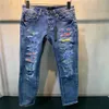 21SS Luxe Designer Patroon Gat Stijl Heren Jeans Klassiekers Merk Ontwerpers Blauw Slanke pijpen Geschilderd Motor Moto Biker Top Quali279Q