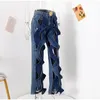 Damesbroek Twisted Hollow Out Straight Leg Jeans Dames Zomer Unieke Hoge Taille Metalen Gesp Rits Denim Casual hipster streetwear