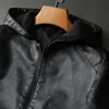 Couro masculino falso minglu com capuz preto jaquetas de luxo cor sólida zíper casual masculino casacos lavável homem outerwear 5xl 231012