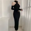 Casual Dresses Black Sexy Off Shoulder Slim Bodycon Kintted Long For Women Sleeve Turtlenecks Female Elegant Slit Party Dress 2023