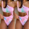 Women's Swimwear 2023 Sexy Tie Dye Printed Monokini Swimsuit Women One Shoulder Hollow Out Bikini Pink Bathing Suit Mujer