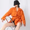 Women's Jackets Early Autumn Workwear Style Orange Suit Coat Loose Casual Multi Pocket Lace Up Waist Show Slim Jacket For Women