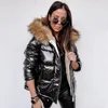 Women's Down Parkas 2023 Winter Luxury Shiny PU Loose Jacket Women Fur Collar Hooded Female Velvet Thick Warm Cotton Coats Oversized 231011